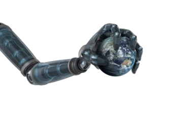 Foto op Plexiglas Digital image of black robot hand holding planet © vectorfusionart