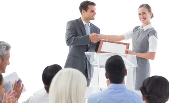 Business people receiving award