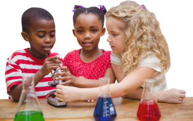 Cute pupil looking through microscope