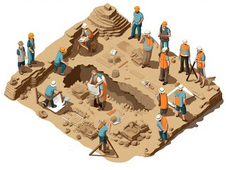 3D isometric illustration of several archaeologists carrying out excavation work at an archaeological site. Various other activities such as sample analysis and planning are also being done there.

