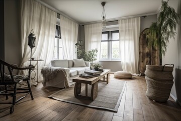 Naklejka na ściany i meble Traditional living room with white and black drapes, fabric couch, and rattan flooring. Parquet. Farmhouse decor,. Generative AI