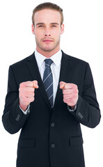 Businessman holding his hands out