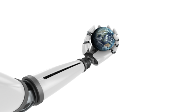 Robotic hand holding planet