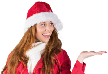 Festive redhead presenting with hand