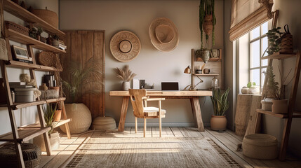 Naklejka premium This 3D-rendered nomadic boho-inspired home office features a rustic decor and a mockup frame on the wall.