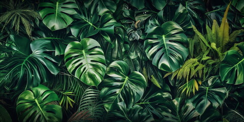Naklejka na ściany i meble Tropische Blätter Hintergrund. Grüne Blätter der Fensterblatt (Monstera deliciosa) 
