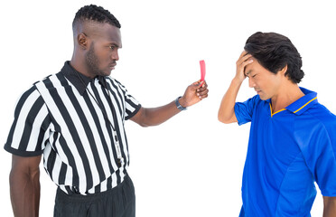 Upset sportsman after getting red card from referee
