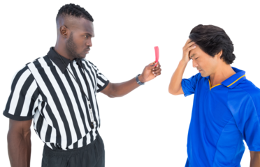 Upset sportsman after getting red card from referee