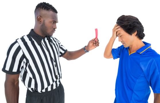 Upset sportsman after getting red card from referee