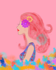 Obraz na płótnie Canvas Happy girl with beautiful flowers dreaming, Generative AI