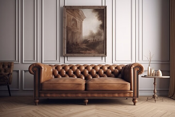 Classic leather sofà, view front, White Wall behind, interiors design mockup - Ai generative