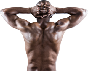 Rear view of muscular athlete stretching with hands behind head