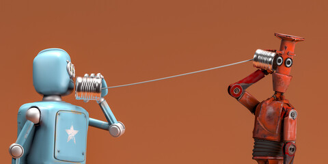 Retro two robots talking on tin can phones. 3d render