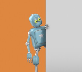 Robot Cartoon funny 3D video render - look, isolate on orange