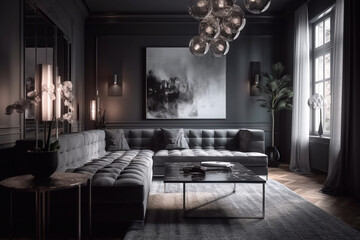 Modern and luxury livingroom in grey tones - Ai generative