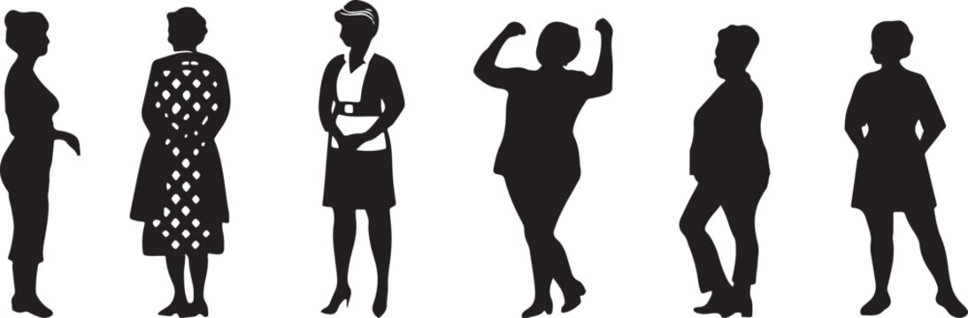 Vector silhouettes of graceful elderly lady. Grandmothers, headmistresses and women politicians. Strong woman boss