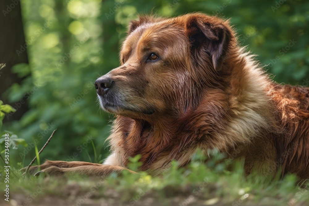 Poster a picture of a dog dozing on grass. Generative AI