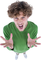 Portrait of furious man screaming over white background
