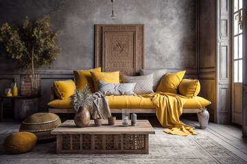 Living room with designer gray sofa, wooden coffee table, dresser and elegant personal accessories. Honey yellow pillow and plaid. Cozy apartment - Ai generative