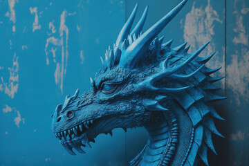 Stunning blue dragon perched on rustic wooden background. Generative AI.