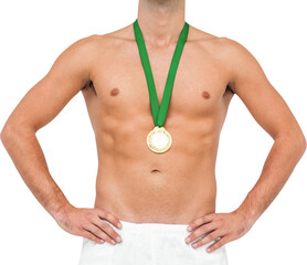 Naklejka premium Athlete posing with gold medal on white background