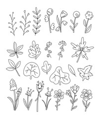 Big cute set with abstract flowers and flower characters. Doodle hand draw outline vector illustration.