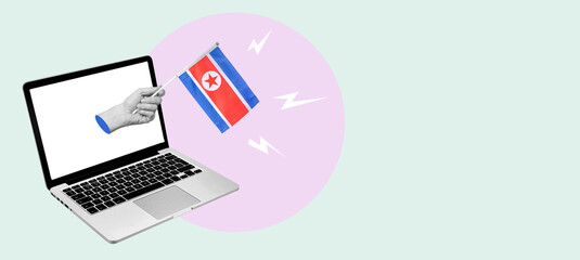 Art collage hand with the North Korea flag from a laptop on a light background.