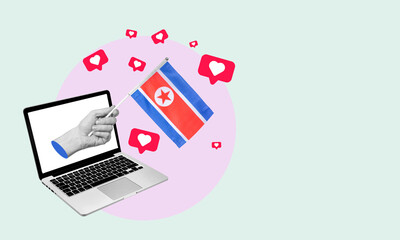 Art collage, the hand with a North Korea  flag from a notebook with hearts and thorns on a light background.