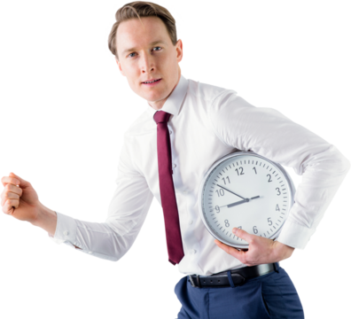 A businessman running with clock  - Powered by Adobe