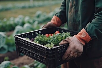 Farmer holding box with vegetables. Farmer holding wooden crate filled with fresh vegetables and fruits. Generative Ai.