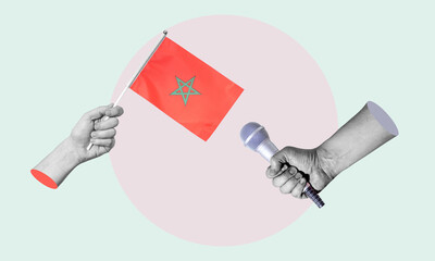 Art collage, collage of a hand holding the flag of Morocco, microphone in the other hand.