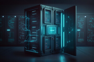 Server room 3d illustration with node base programming data design element. Concept of big data storage and cloud computing technology. Generative AI