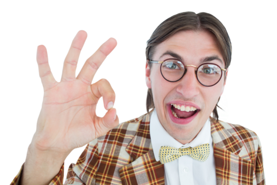 Geeky hipster doing the ok sign