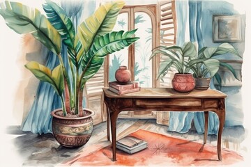 Fototapeta premium cozy living room with a table and potted plants. Generative AI
