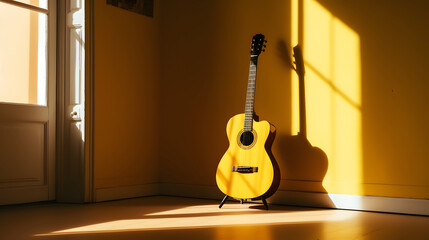 Fototapeta na wymiar Acoustic guitar in a yellow wall room, generative AI
