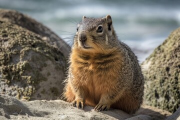 Naklejka na ściany i meble An enormous California Ground Squirrel in Monterey, California, resting on a rock along the shore. Generative AI