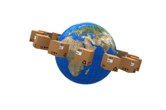 World map amidst cardboard boxes