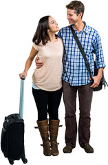 Cheerful couple with luggage looking at each other