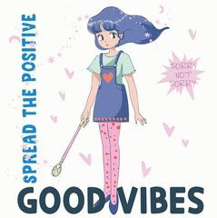 girl with a gift, vector graphic design for t-shirt, anime girl illustration