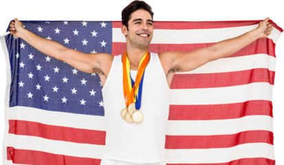 Athlete posing with gold medals after victory