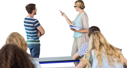 Student and teacher pointing at blackboard in class