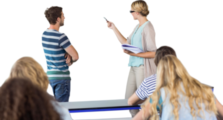 Student and teacher pointing at blackboard in class