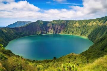 An awe-inspiring volcanic landscape with a serene reflective lake - made with Generative Ai