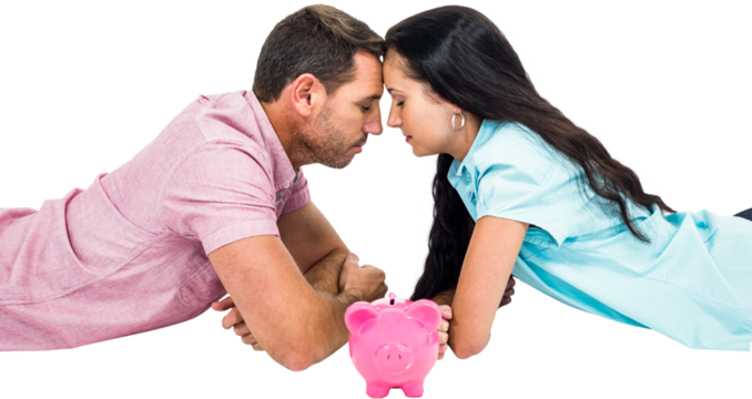 Couple laying on the floor face to face with piggybank