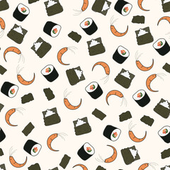 A seamless pattern with sushi on a beige background