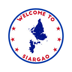 Welcome to Siargao stamp. Grunge island round stamp with texture in Super Rose Red color theme. Vintage style geometric Siargao seal. Trendy vector illustration.