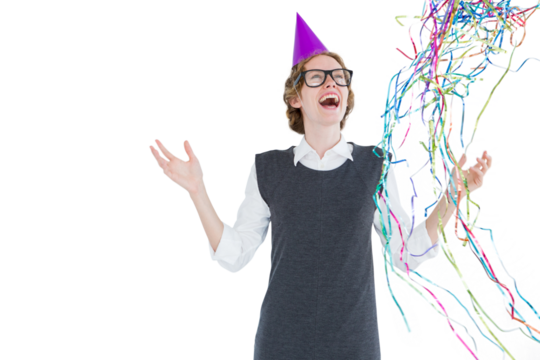 Happy geeky hipster wearing a party hat - Powered by Adobe