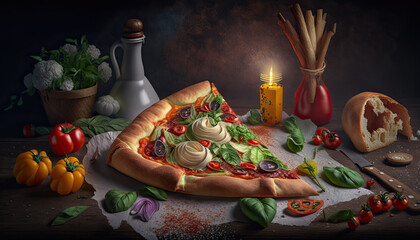 Delicious Pizza Calzone. Fresh basil, italian calzone vegetarian pizza - Generative AI