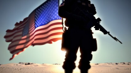 An American soldier with an American flag in his hand looks out into the clear weather for Day of Remembrance or July 4, Day of Remembrance. Generative ai