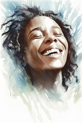 Natural beauty happy and smiling middle aged African American woman, splashes of water, refreshing feeeling, watercolor illustration (Generative AI) - 587353112